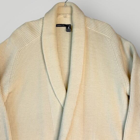 Claiborne Vintage 100% Wool Oversized Cardigan Sweater Shawl Women Size L Beige - Picture 3 of 12